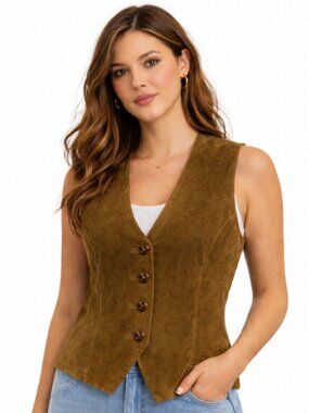 BEDO Vintage Suede Vest Olive Tan Button Front Size Medium